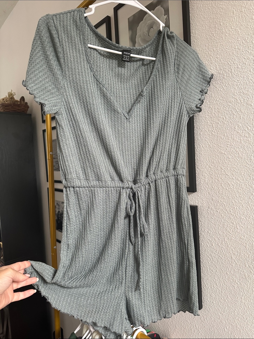 SHEIN Sage Green Short Sleeve Tie-Waist Romper